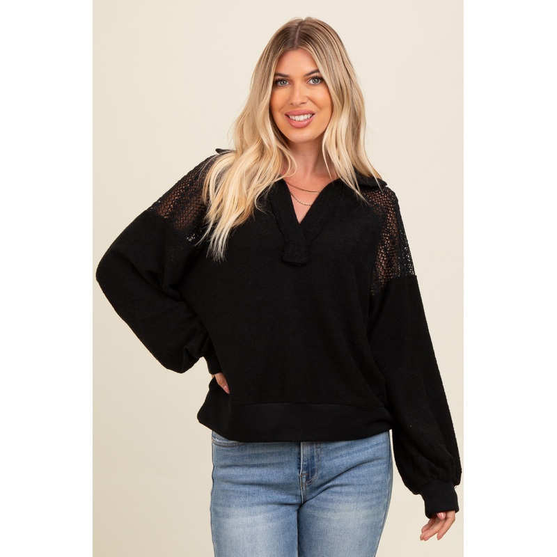 Black Crochet Detail Collared Pullover