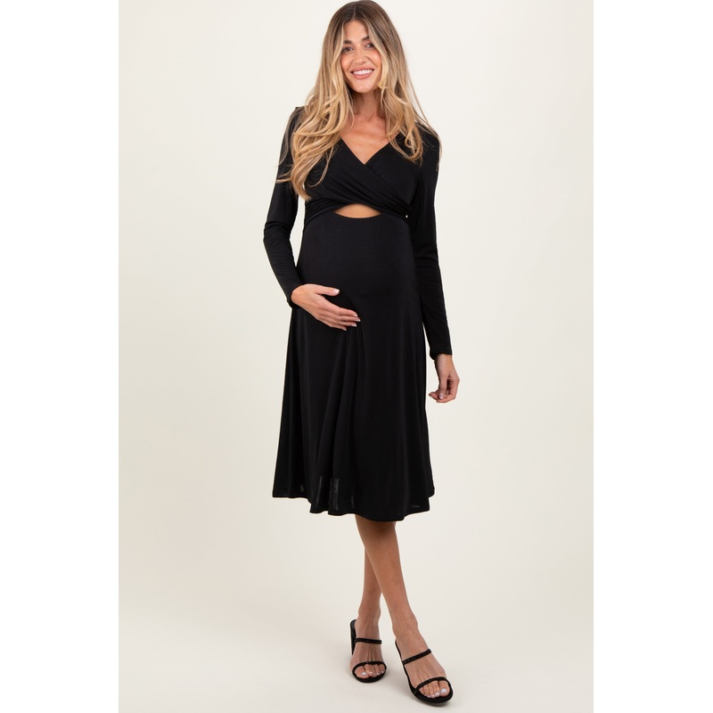 Black Crossover V-Neckline Long Sleeve Maternity Nursing Dress