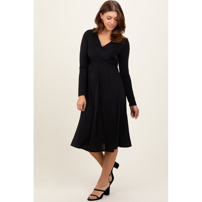 Black Crossover V-Neckline Long Sleeve Nursing Dress