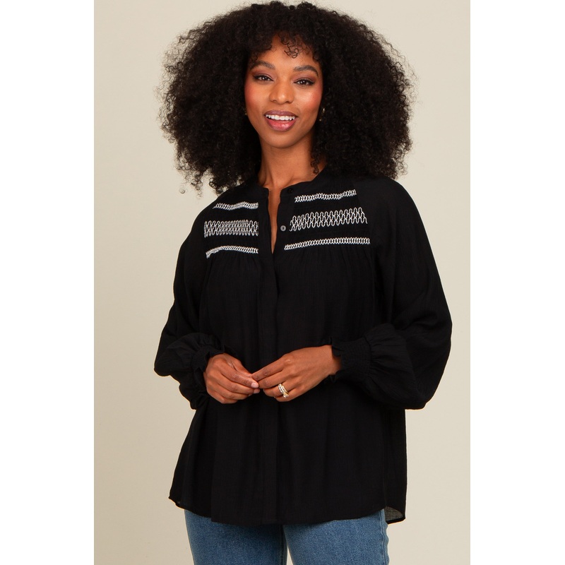 Black Embroidered Smocked Blouse