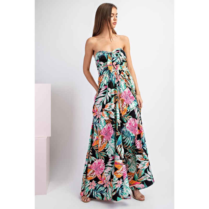 Black Floral Strapless Front Tie Jumpsuit