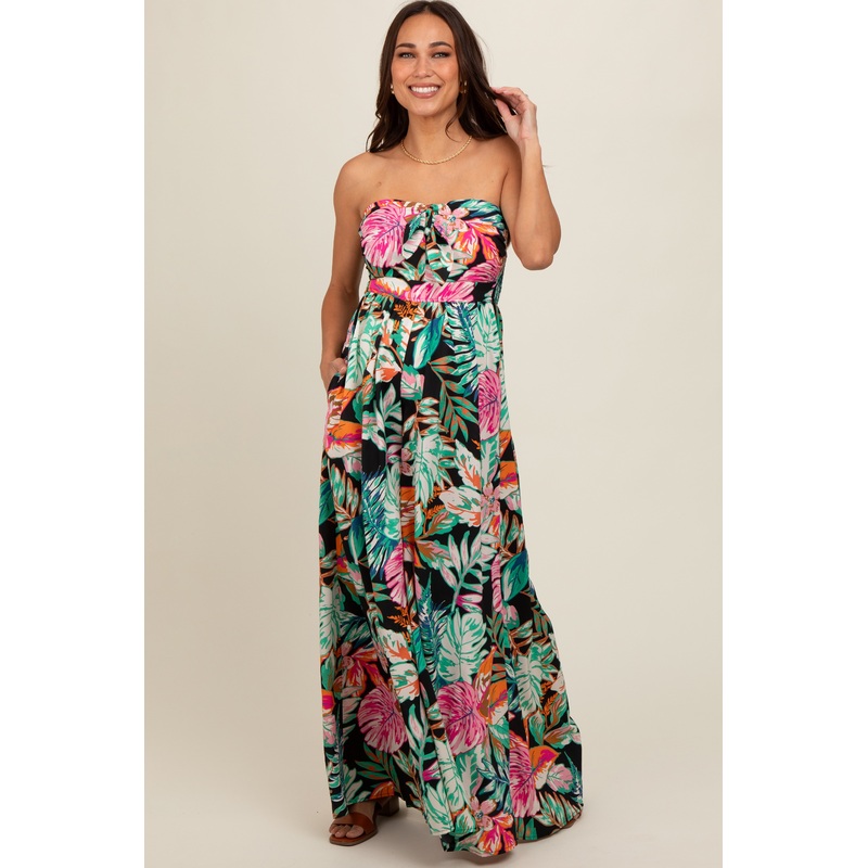 Black Floral Strapless Front Tie Maternity Jumpsuit
