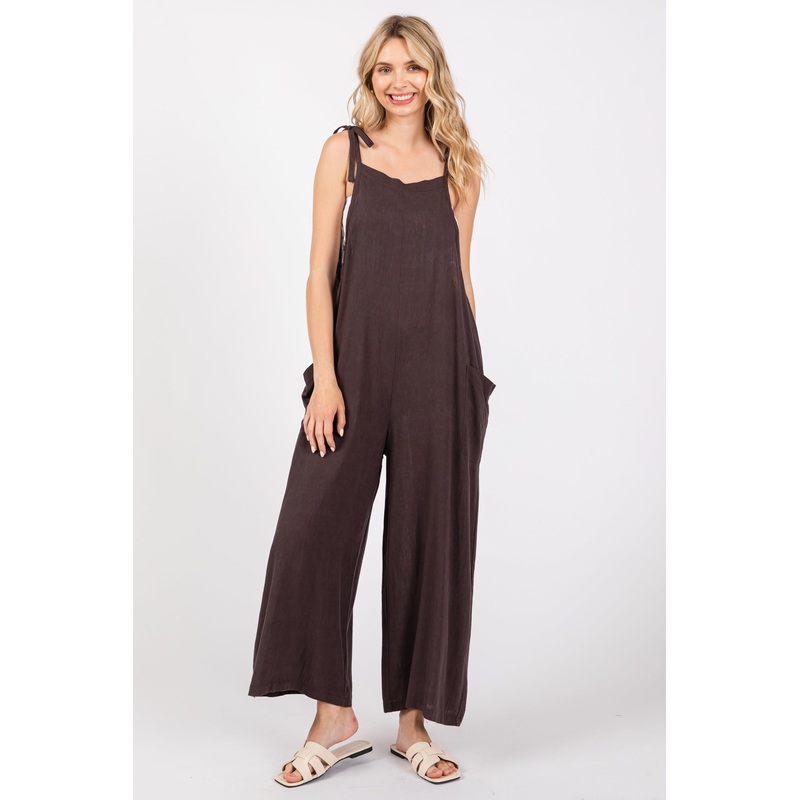 Brown Linen Shoulder Tie Jumpsuit