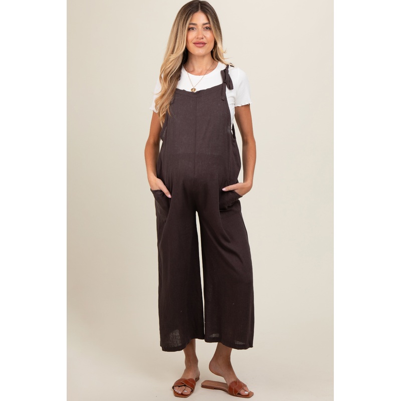 Brown Linen Shoulder Tie Maternity Jumpsuit