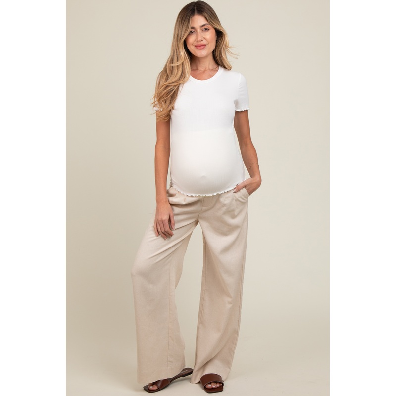 Cream Pleated Wide Leg Maternity Pants
