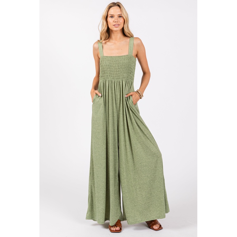 Green Smocked Wide Leg Jumpsuit