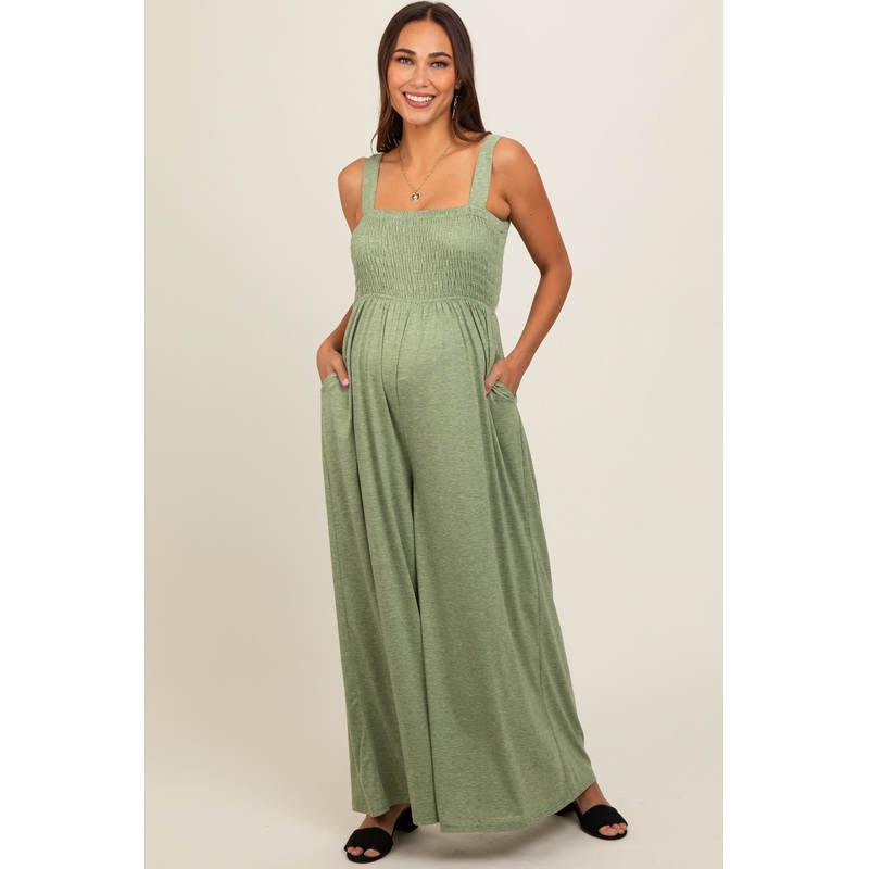 Green Smocked Wide Leg Maternity Jumpsuit