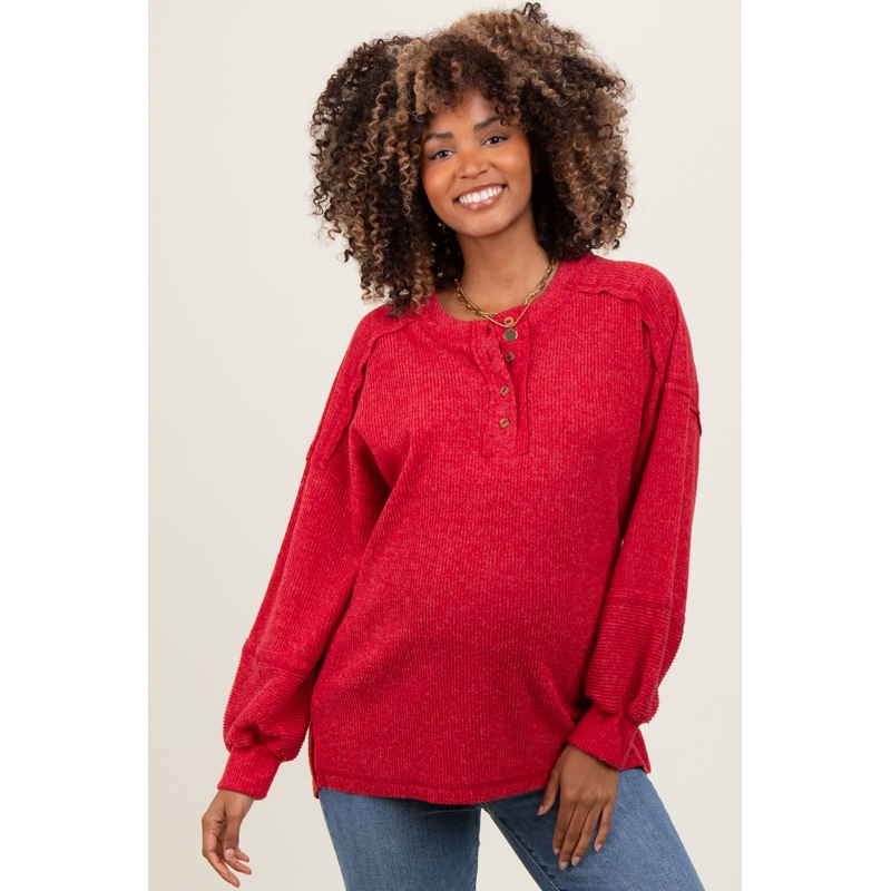 Red Oversized Ribbed Knit Henley Maternity Sweater