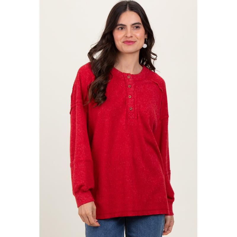 Red Oversized Ribbed Knit Henley Sweater