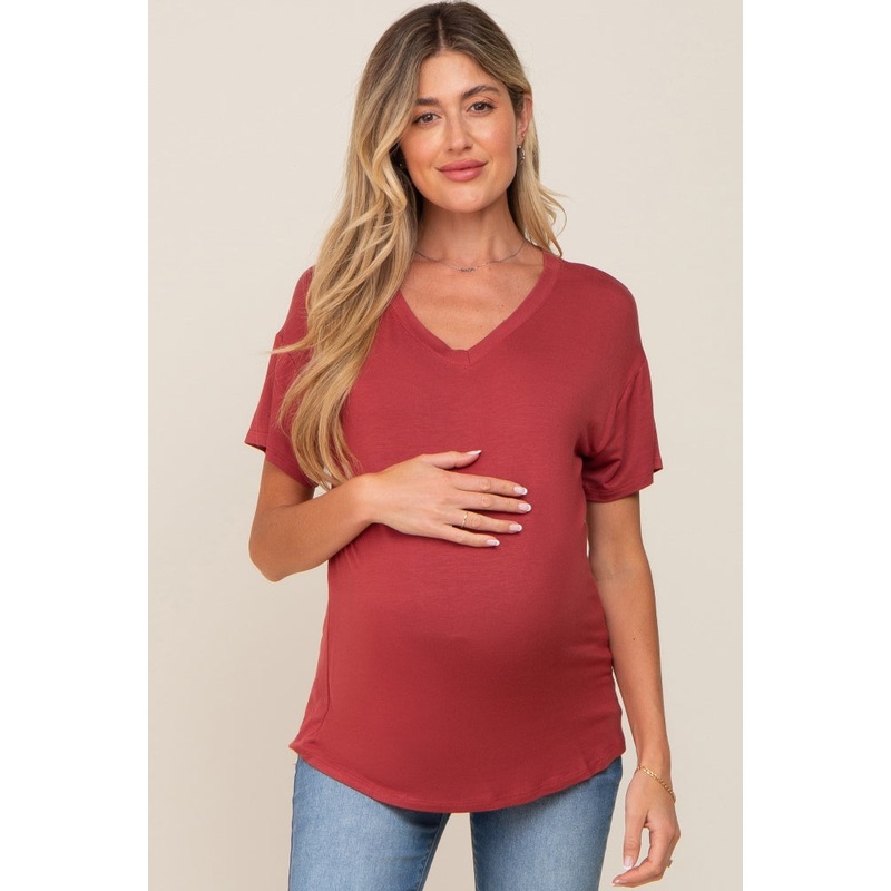 Red V-Neck Basic Maternity Top