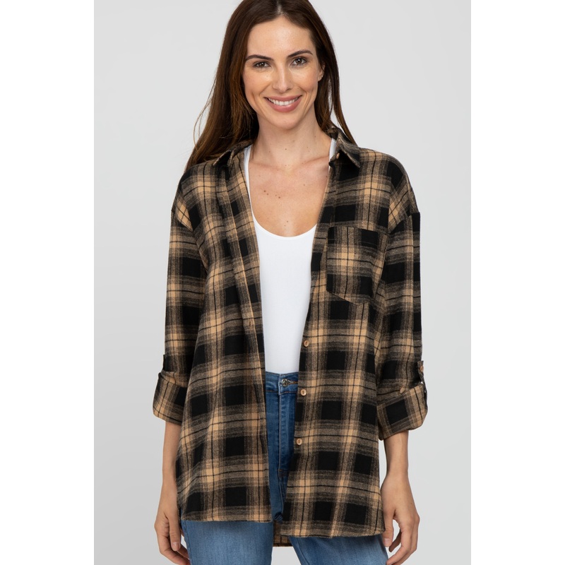 Taupe Black Plaid Button Down Top