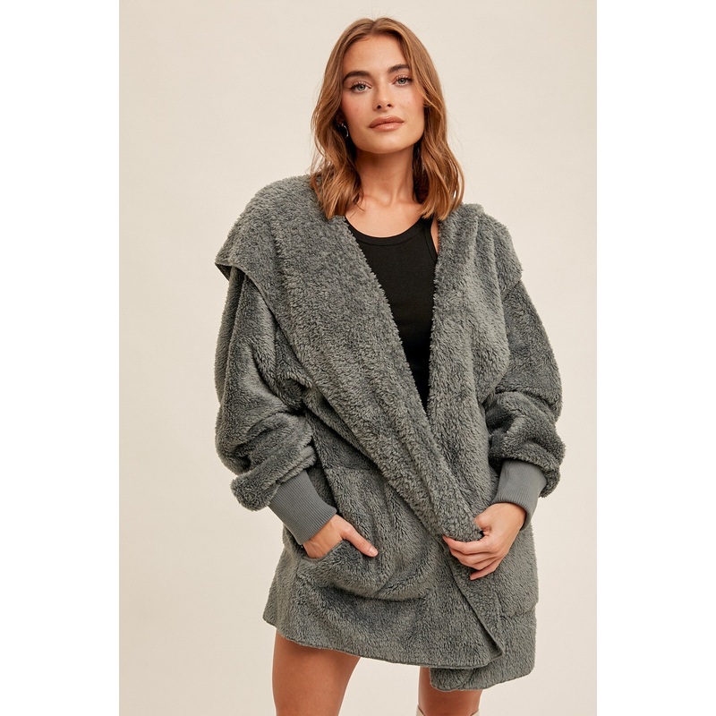 Teal Grey Fuzzy Hooded Long Sleeve Jacket