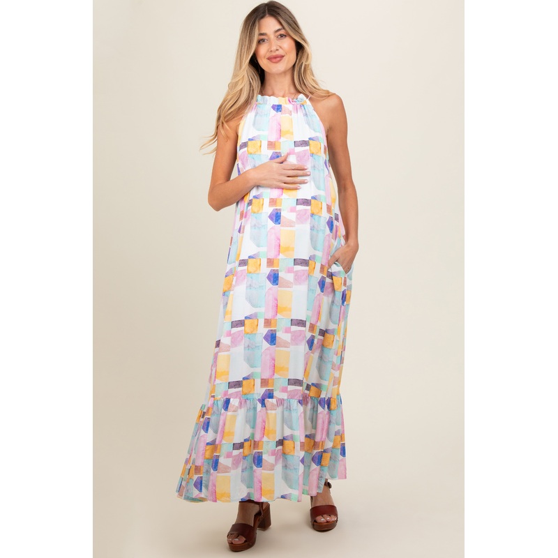 White Empire Ruffle Hem Maternity Midi Dress