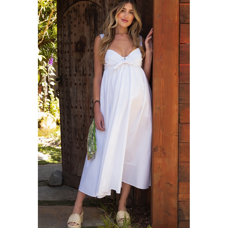 White Front Tie Sleeveless Maternity Midi Dress