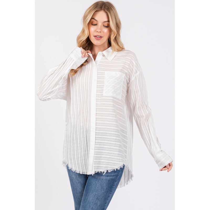 White Striped Fringe Button Down Shirt