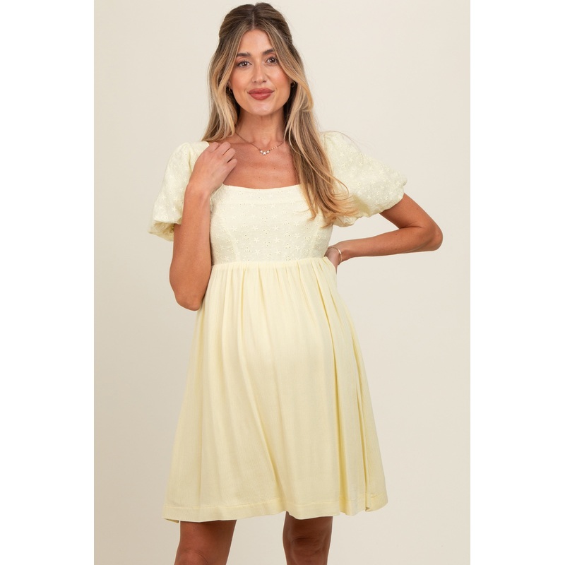 Yellow Eyelet Lace Contrast Maternity Babydoll Dress