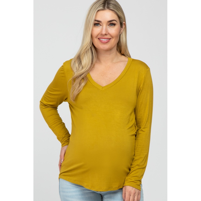 Yellow V-Neck Round Hem Long Sleeve Maternity Top