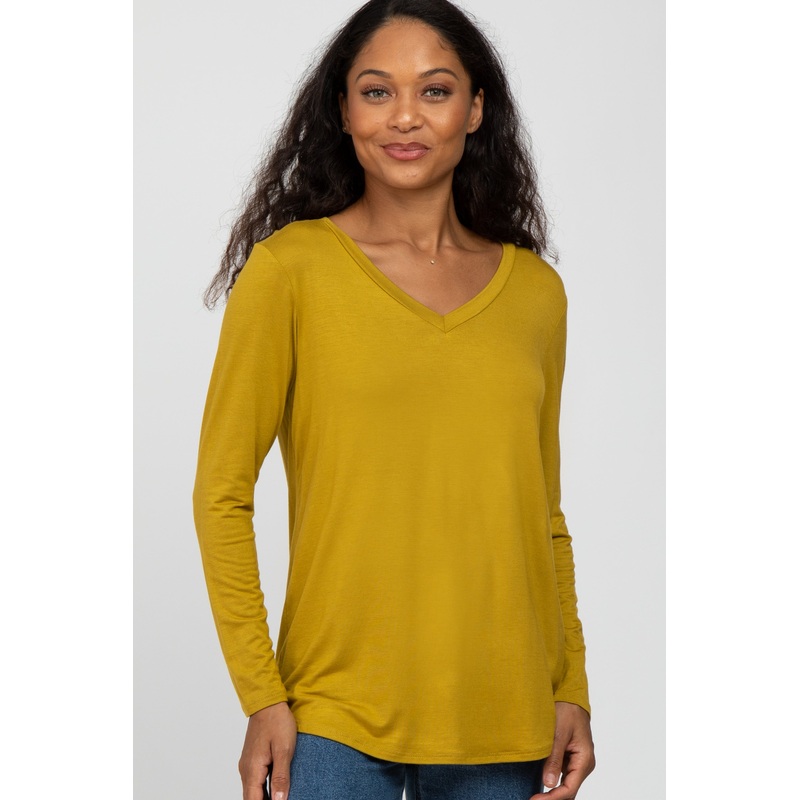 Yellow V-Neck Round Hem Long Sleeve Top