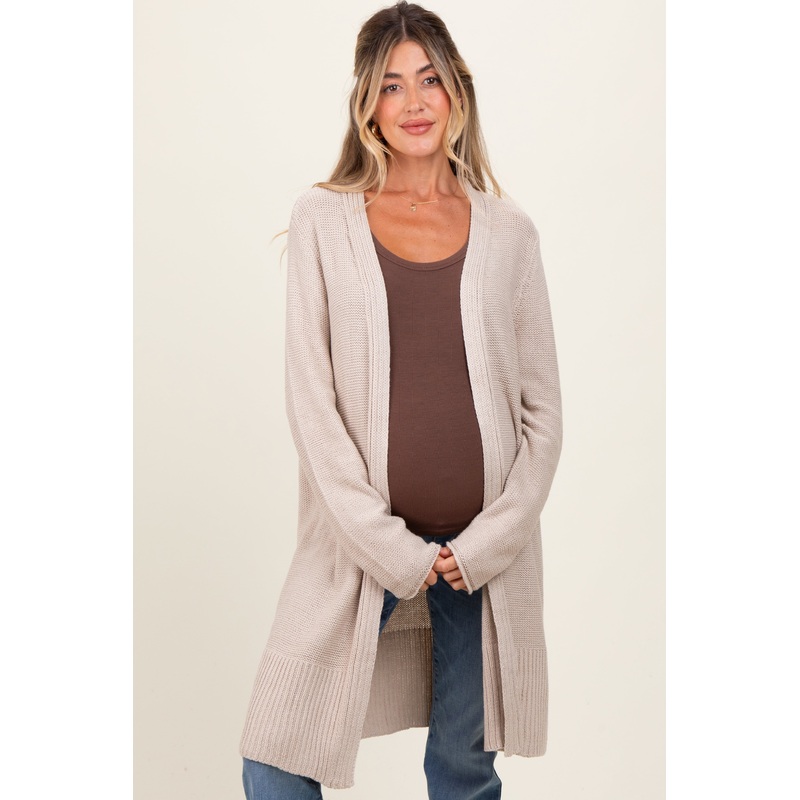 Beige Contrast Rib Long Maternity Open Cardigan