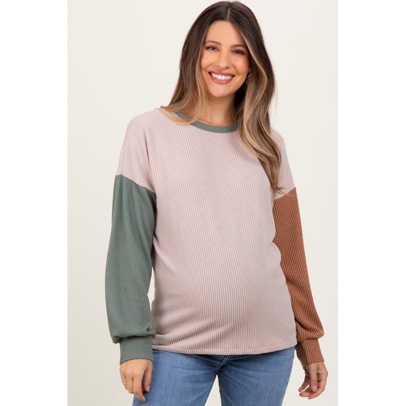 Beige Ribbed Colorblock Sleeve Maternity Long Sleeve Top