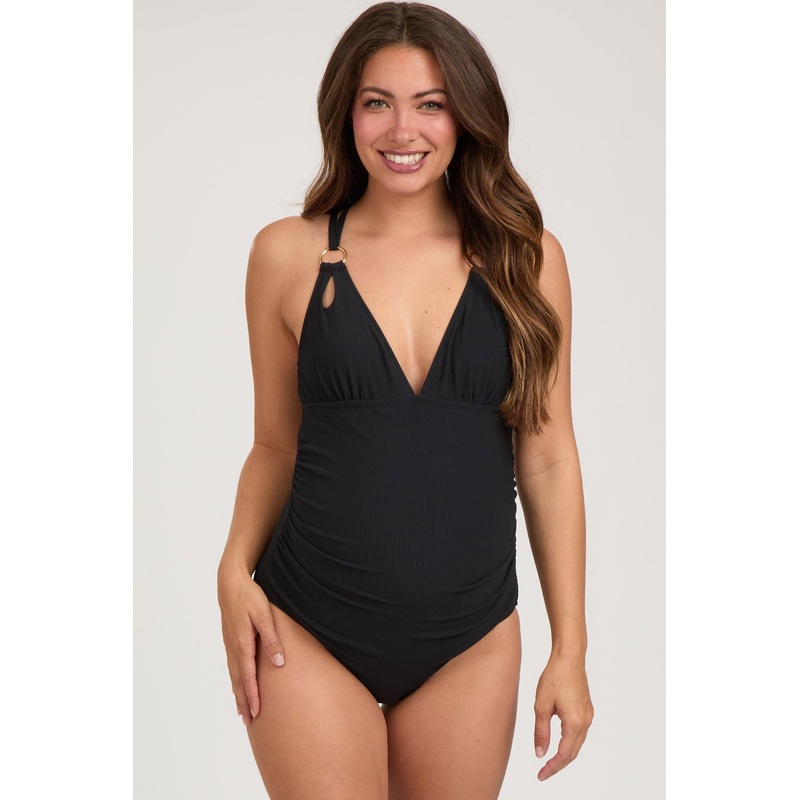 Black Ribbed V-Neck Ruched Criss Cross Low Back Maternity One Piece Swimsuit