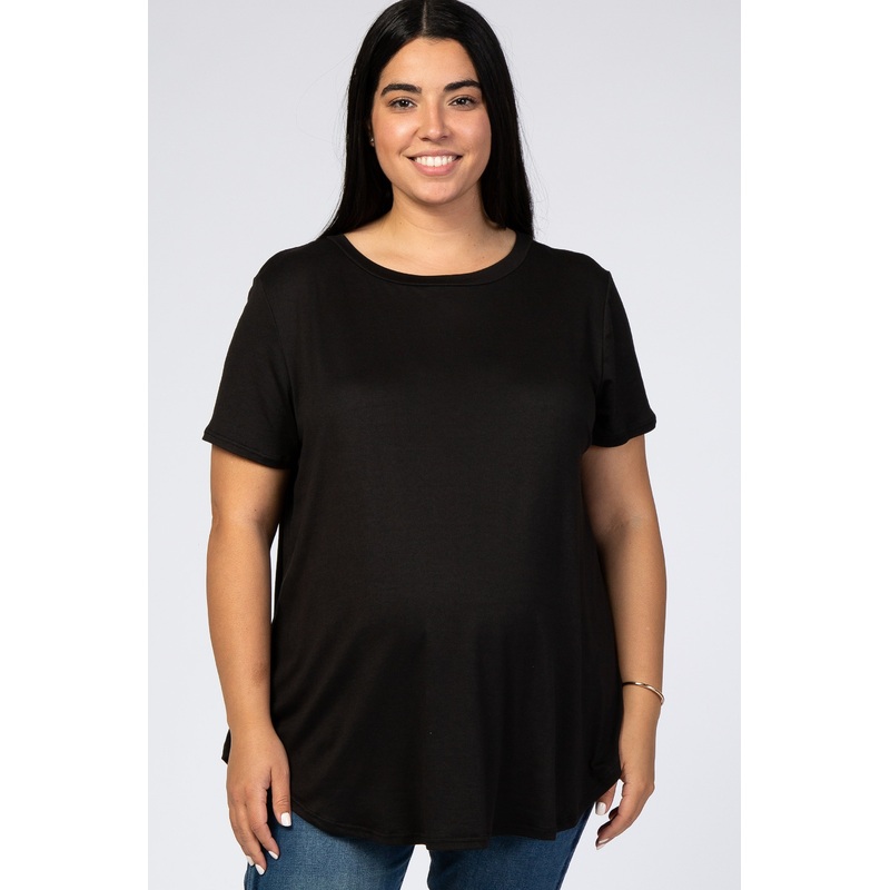 Black Round Hem Short Sleeve Maternity Plus Top