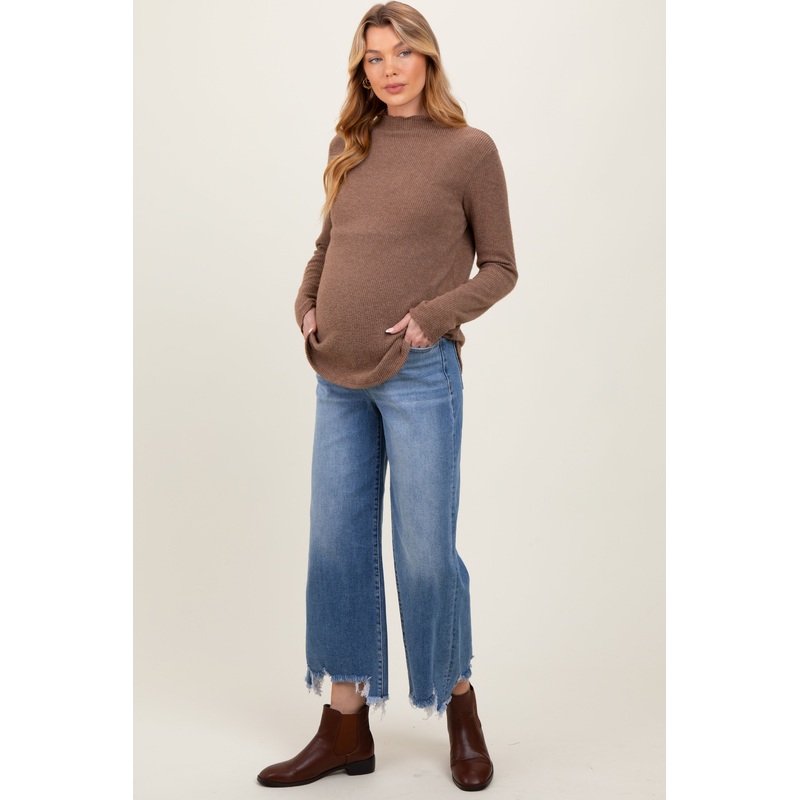 Blue Distressed Hem Cropped Wide Leg Maternity Jeans