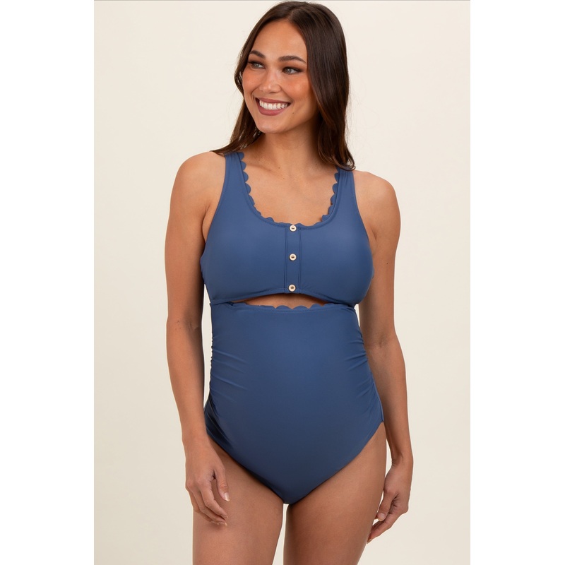 Blue Scalloped Cutout Ruched Maternity One Piece Swimsuit
