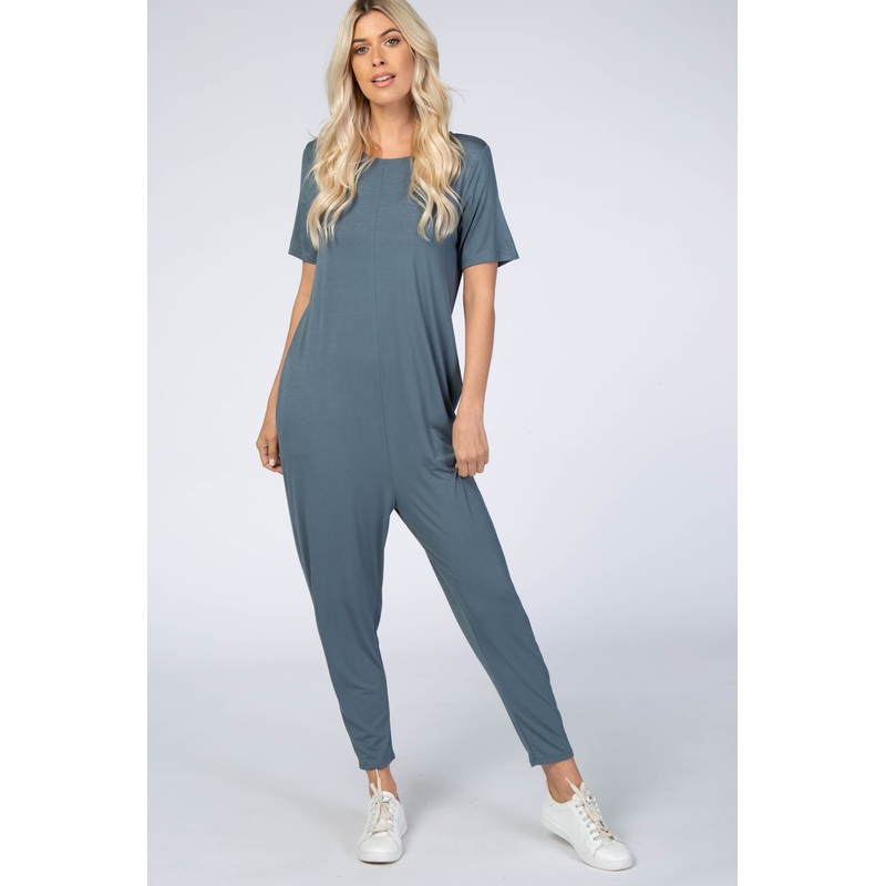 Dark Teal Basic Short Sleeve Jumpsuit