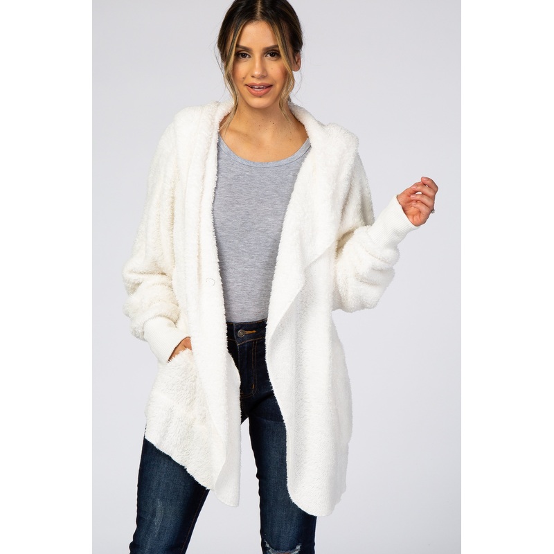 Ivory Fuzzy Hooded Long Sleeve Jacket
