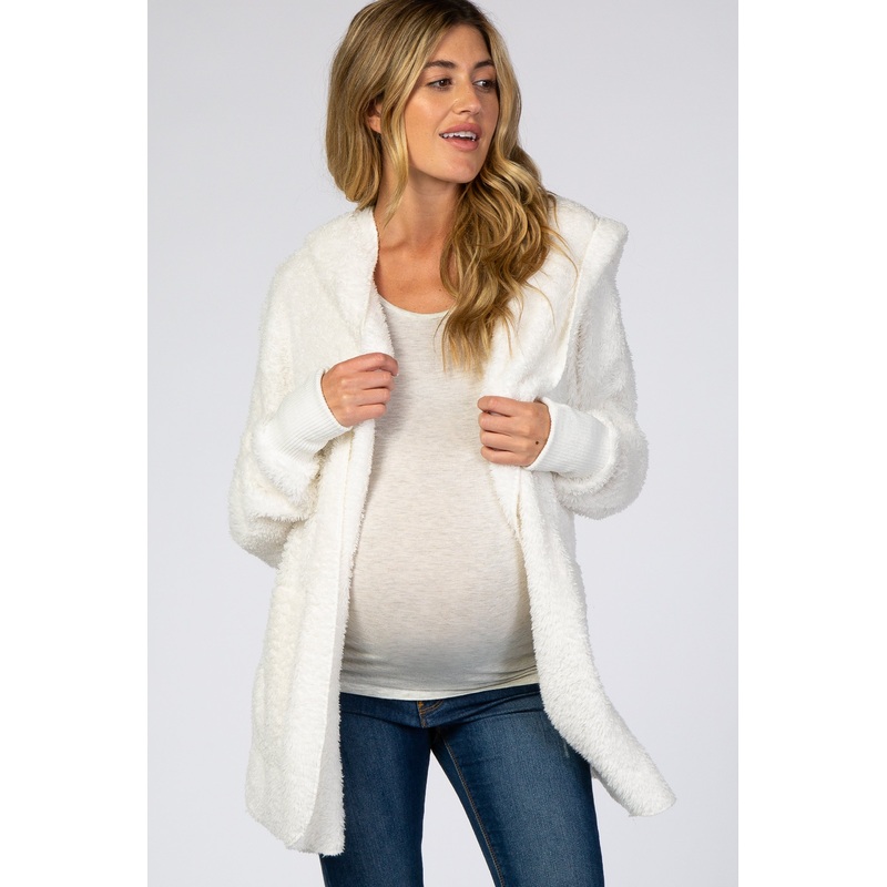 Ivory Fuzzy Hooded Long Sleeve Maternity Jacket