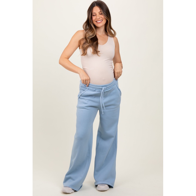 Light Blue Exposed Seam Wide Leg Maternity Sweatpants