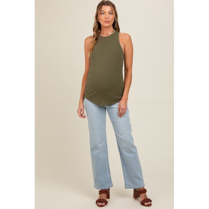 Light Blue Raw Hem Distressed Maternity Straight Leg Jeans