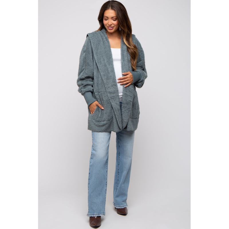 Teal Grey Fuzzy Hooded Long Sleeve Maternity Jacket