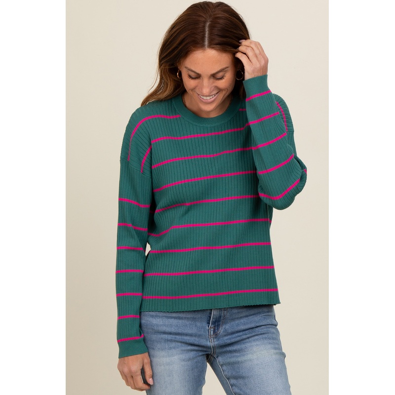 Teal Striped Ribbed Knit Long Sleeve Top