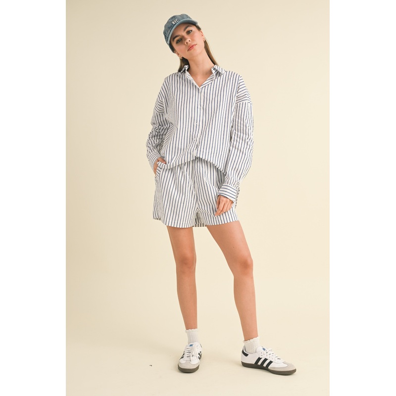 White Striped Button Down Top And Shorts Set