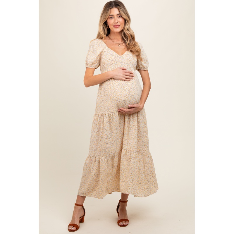 Yellow Ditsy Floral Tiered Maternity Midi Dress