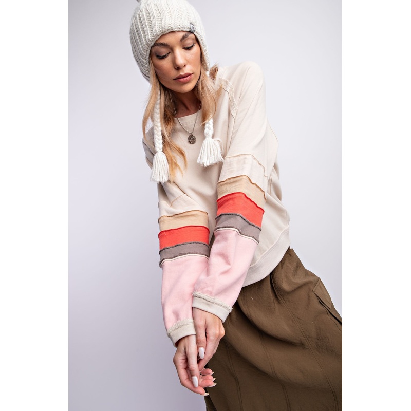 Beige Colorblock Pullover Terrycloth Sweater