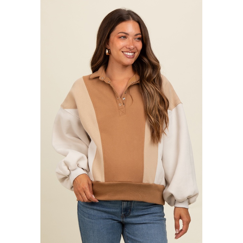 Beige Colorblock Snap Button Maternity Polo Sweatshirt