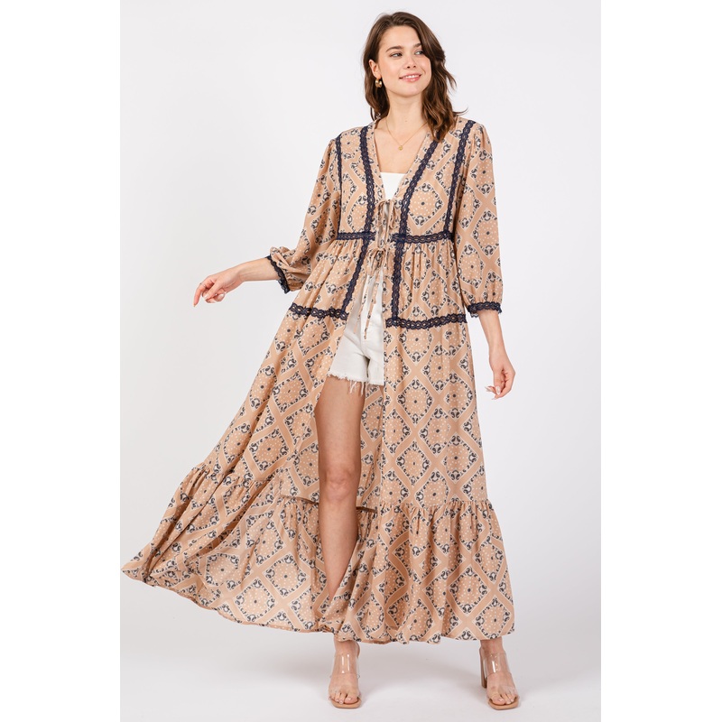 Beige Printed Tie Front Kimono Dress
