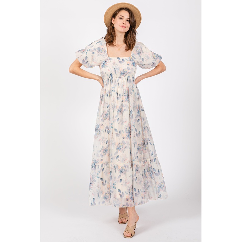 Beige Puff Sleeve Square Neck Dress