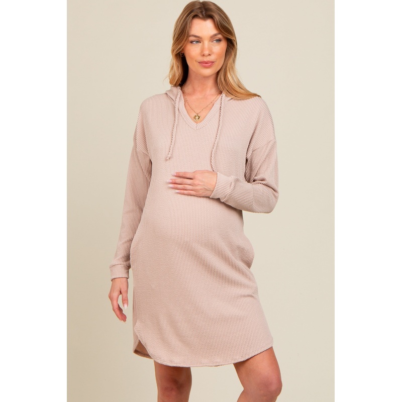 Beige Ribbed Hoodie Maternity Dress
