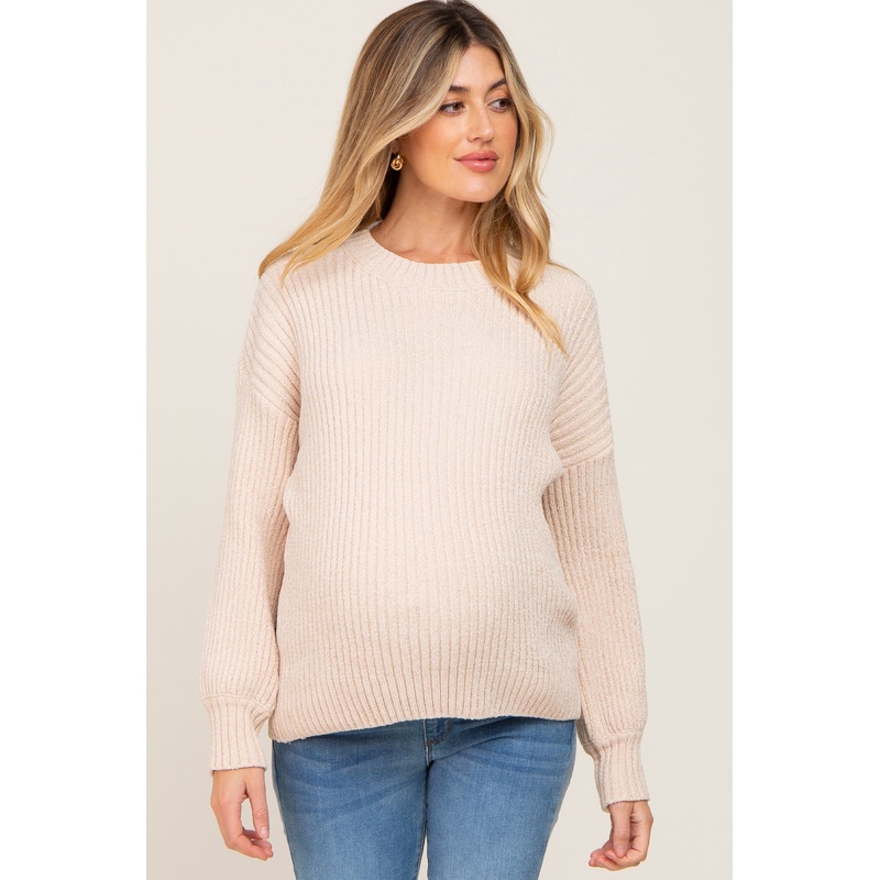 Beige Soft Chenille Knit Maternity Sweater