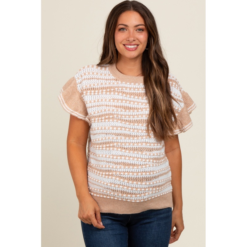 Beige Textured Stripe Ruffle Short Sleeve Maternity Sweater
