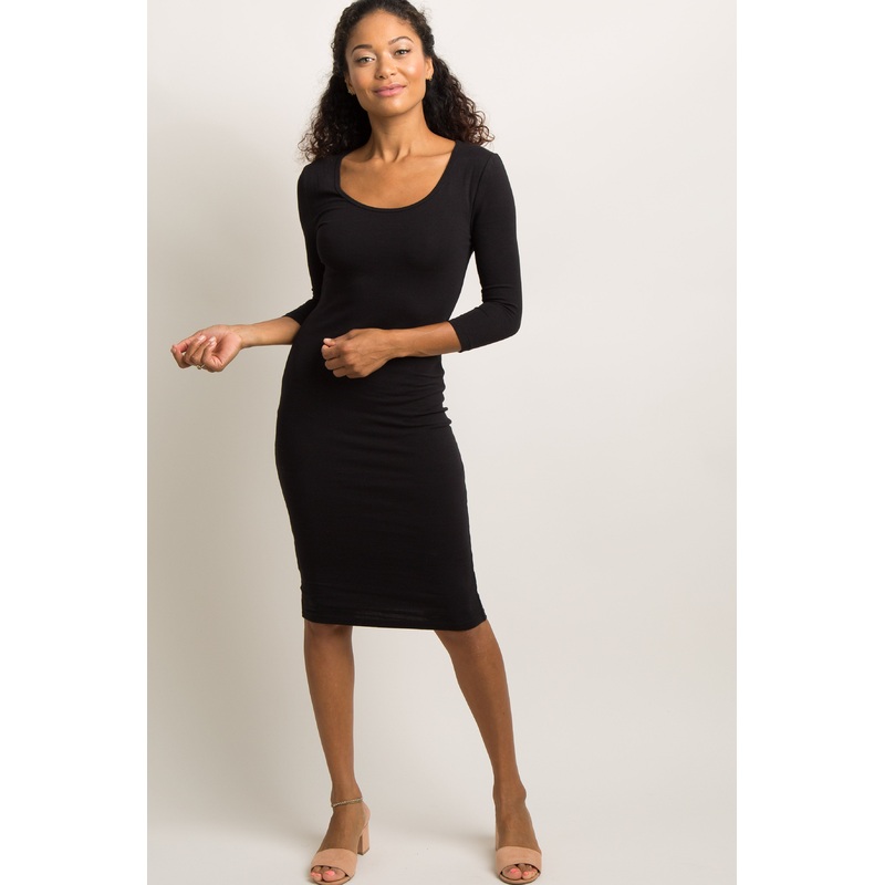 Black 3/4 Sleeve Fitted Dress