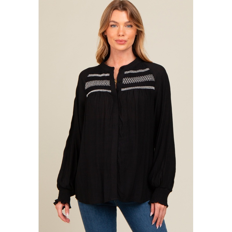 Black Embroidered Smocked Maternity Blouse