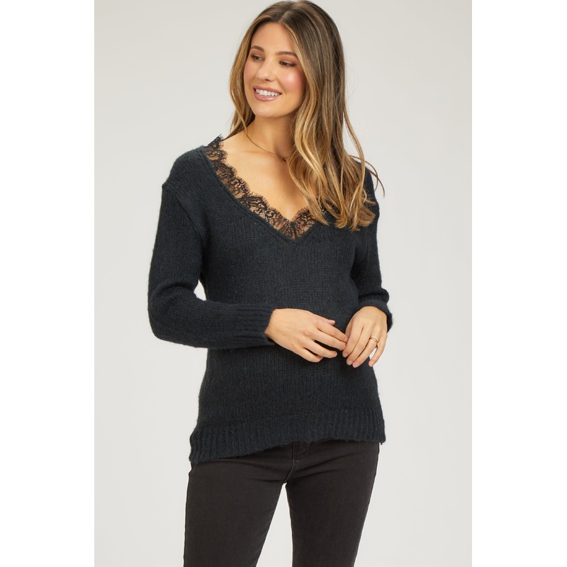 Black Lace V-Neck Maternity Sweater