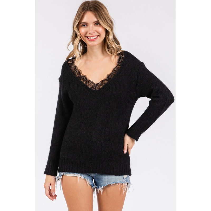 Black Lace V-Neck Sweater