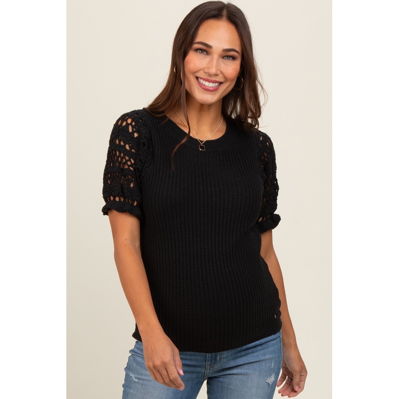 Black Open Knit Short Puff Sleeve Maternity Sweater Top