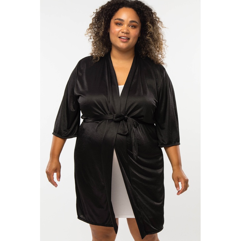 Black Stretch Satin Delivery/Nursing Maternity Plus Robe